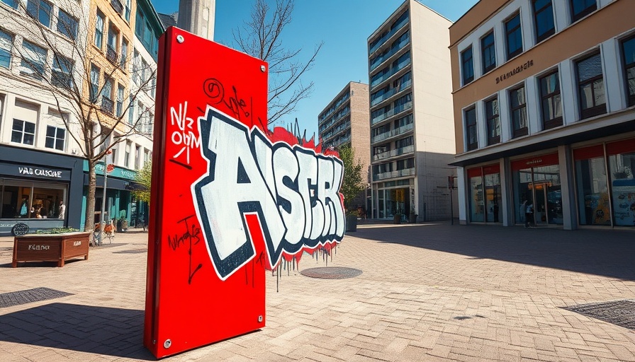 Graffiti in Bad Oldesloe on a red panel in an urban square.