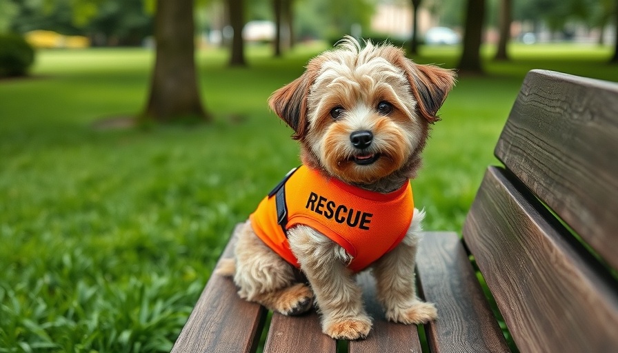 Assistenzhündin Joya in a rescue vest on a park bench.