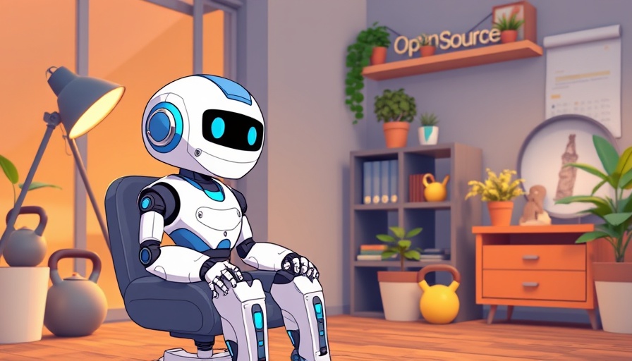 Kimi K2 KI-Modell robot seated among kettlebells in open source-themed room.