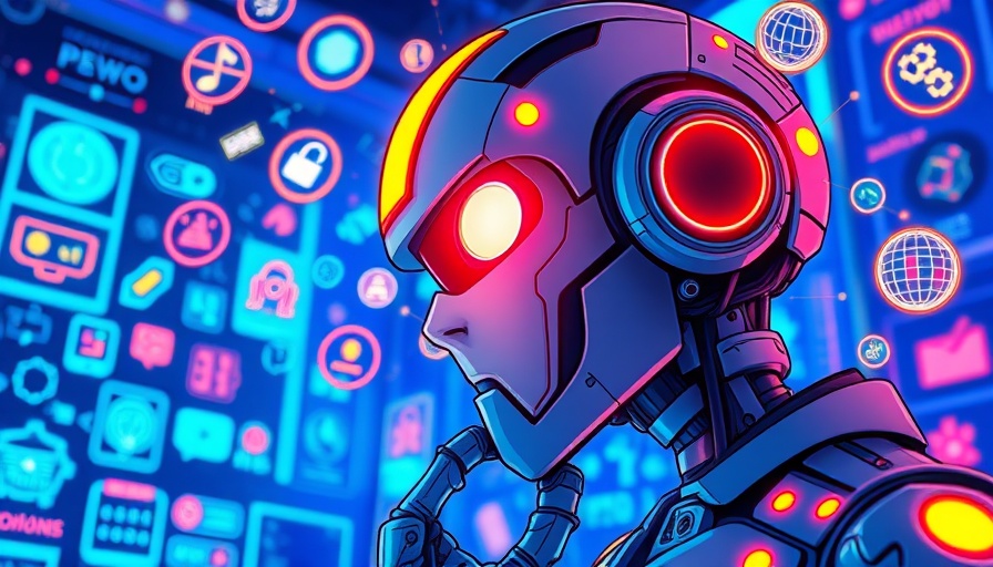 Woke AI concept with robotic figure pondering icons in digital setting.