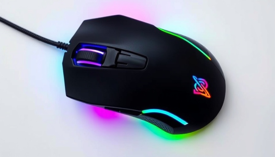Sleek black gaming mouse with rainbow glow on white background.
