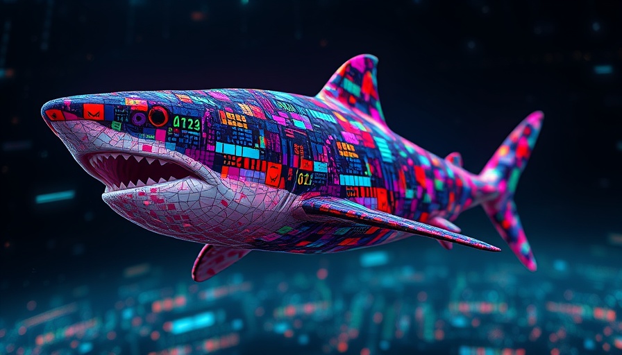 Futuristic digital mosaic shark in a Wireshark Netzwerkdiagnose theme.