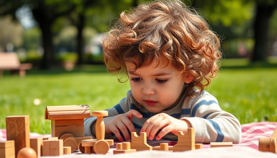 Curly-haired child playing with wooden toys in a park - Erbstücke für Kinder.