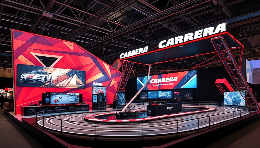 Carrera Hybrid exhibit booth at gamescom showcasing racing technology.