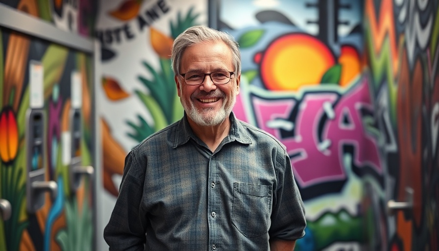 Toiletten am Einfelder See with vibrant graffiti art and a smiling man.