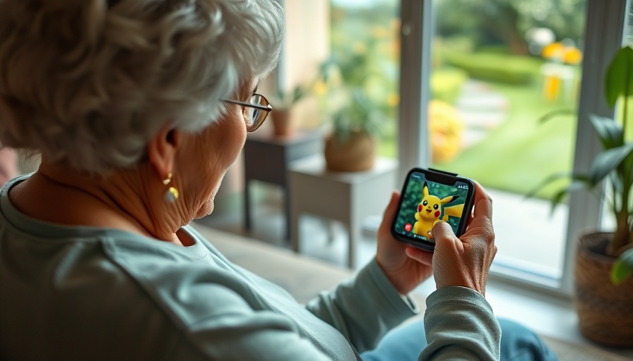 Senior playing Pokémon on phone in Nordfriesland.