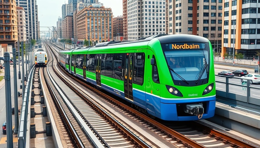 Nordbahn train on elevated track in city with cars and buildings.