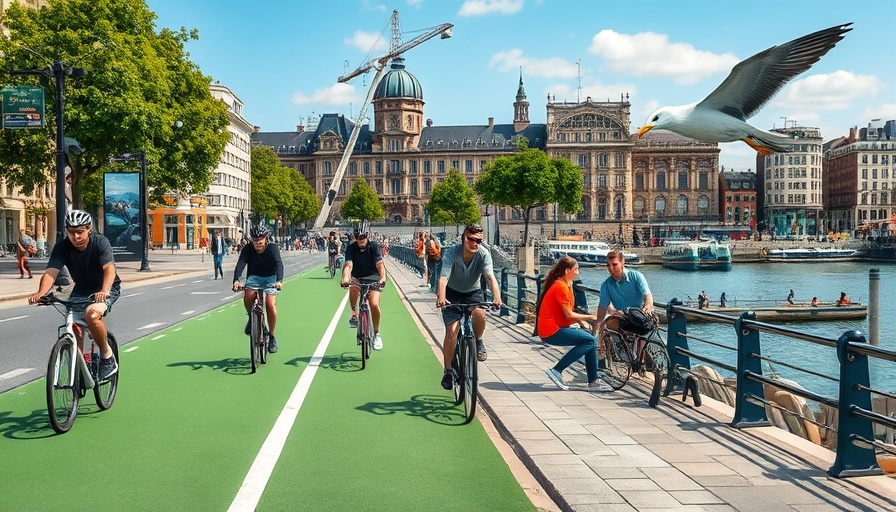 Umgestaltung der Flensburger Schiffbrücke as cyclists ride, teens socialize, and a seagull catches a burger.