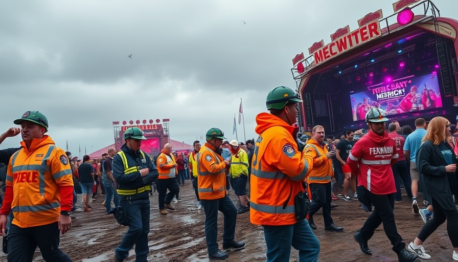 Emergency responders at a muddy music festival during Wetter Wacken 2025.