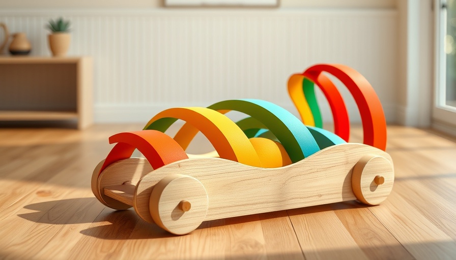 Vibrant GRIMMS Regenbogen toy on wooden floor, colorful curves.