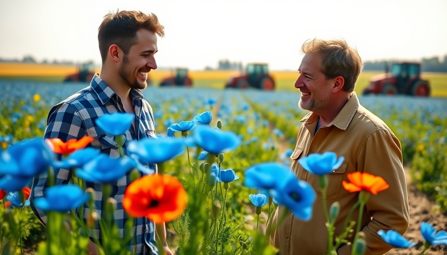 Men discussing Schlafmohnanbau in Niedersachsen in a field setting.