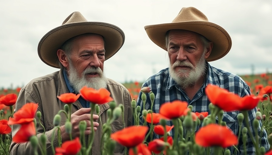 Farmers assess hail damage on poppy field, Hagelschaden Mohnernte.