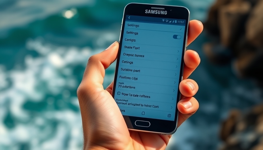 Samsung phone settings screen held by a hand over ocean backdrop