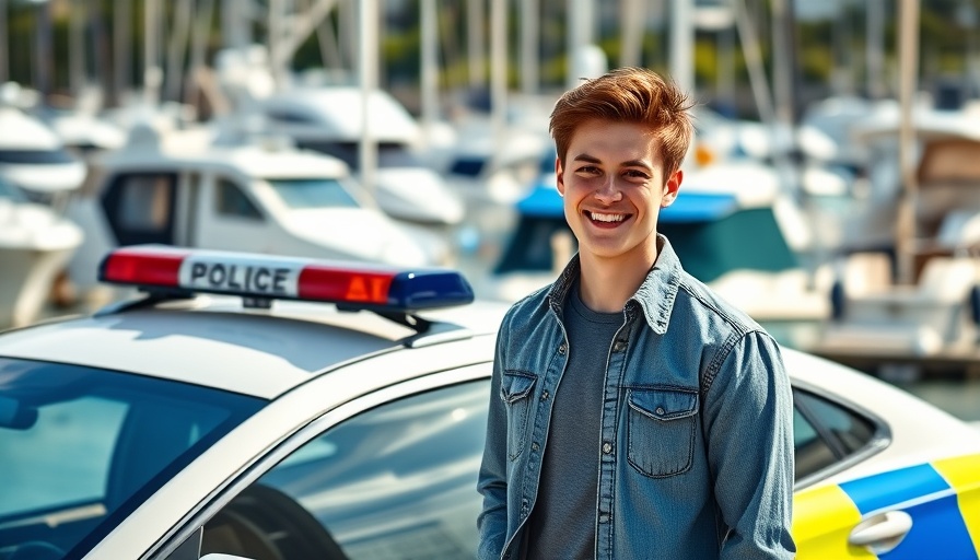 Young man by police car at Büsum marina, sunny day.