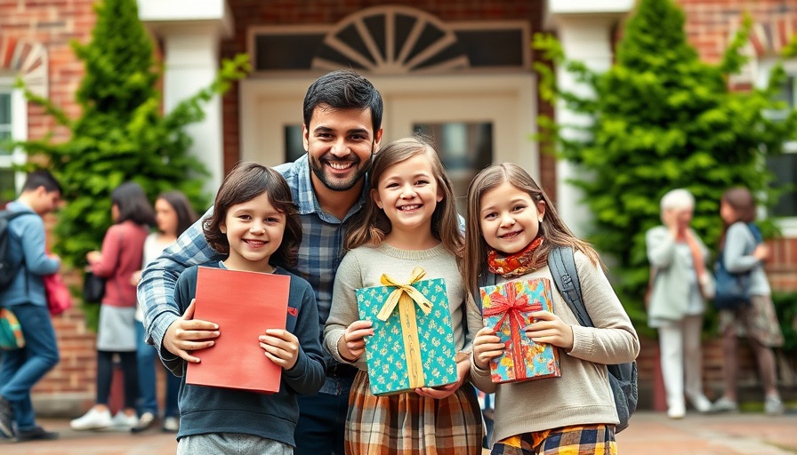 Family posing with children on school steps, Elterntaxis zur Einschulung theme
