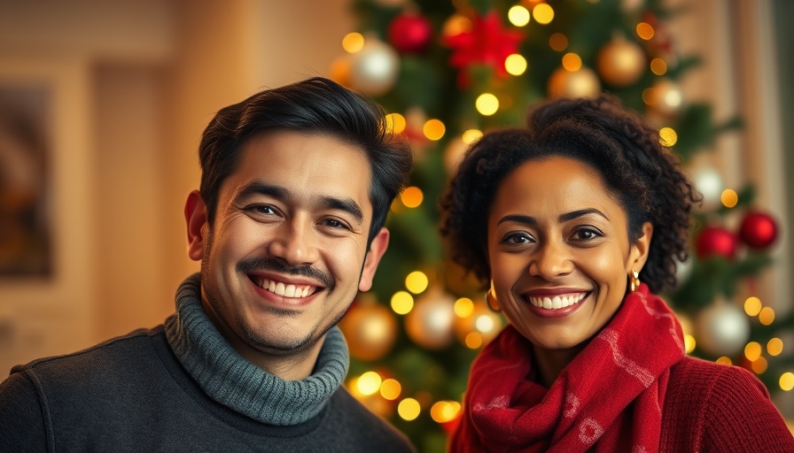 Smiling individuals in front of a Christmas tree, warm holiday lighting.