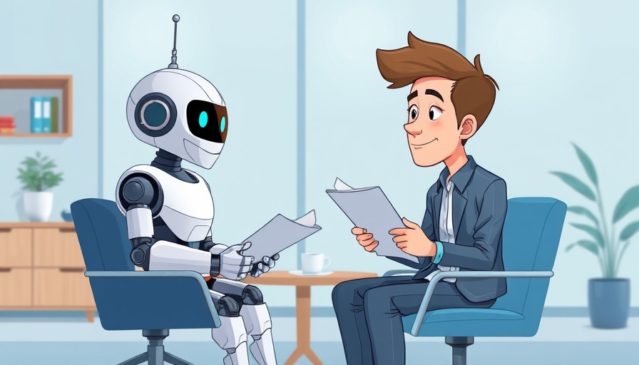 Cartoonish robot and human in interview setting, KI Bewerbungsgespräche Coursera.