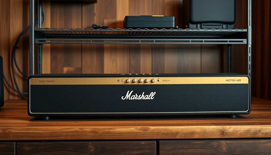 Sleek Marshall Heston 60 soundbar on wooden shelf with subwoofer.