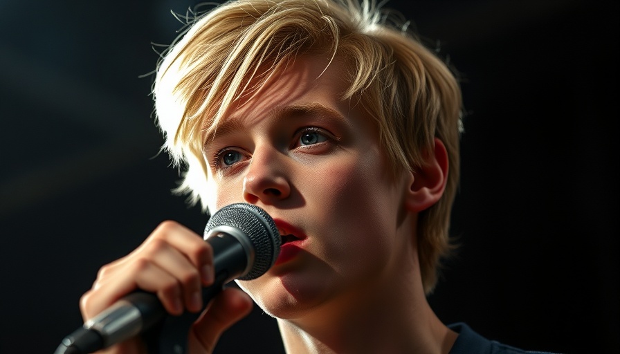 Young man speaking into microphone on stage, related to Rassismus Vorwurf Finn Flebbe.