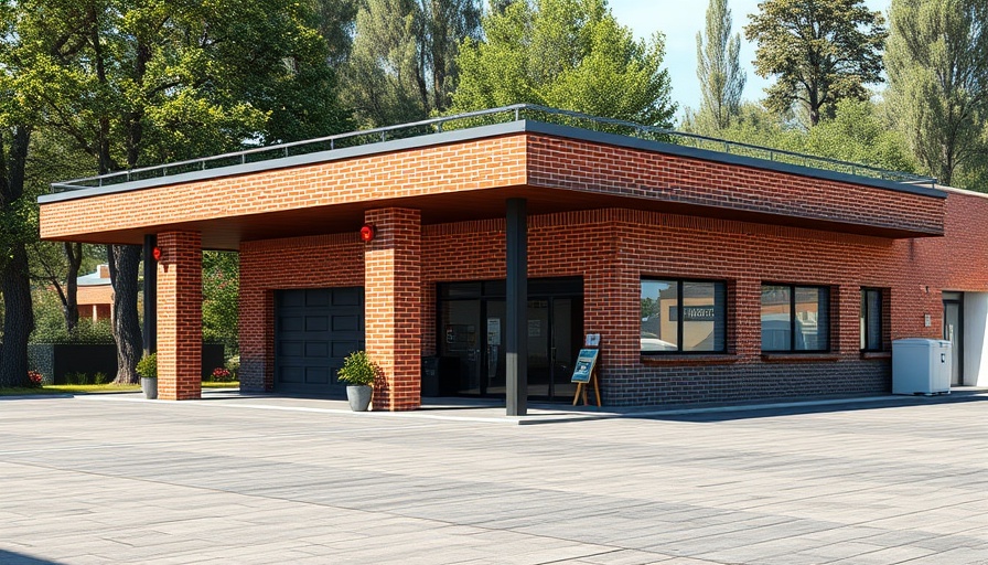 Modern Raststätte Ellund-West design, brick building under blue sky.