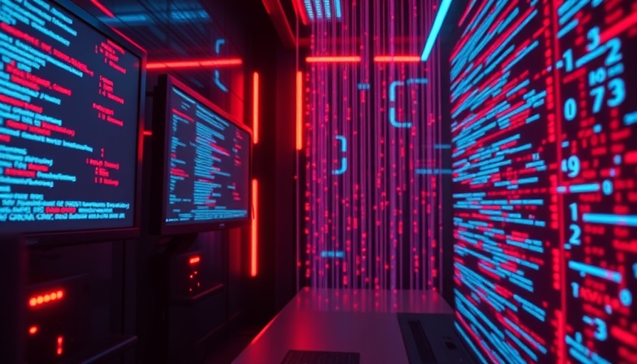 Abstract harmful code execution through AI code editor, neon lights.