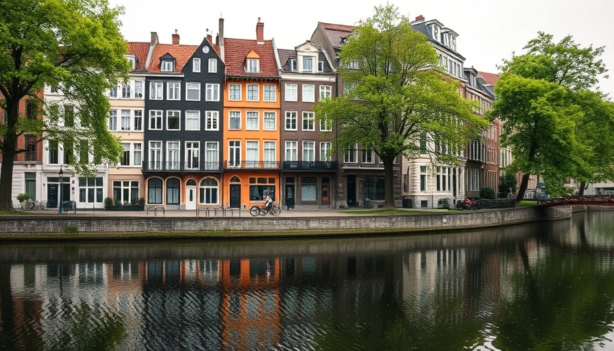 Historic Hamburg apartments by canal reflecting on water, urban scenery