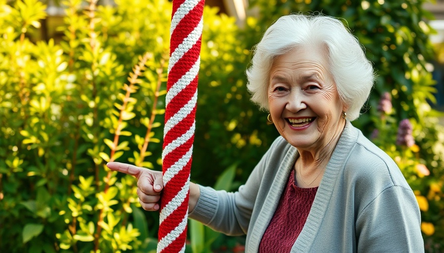 Elderly woman pointing to crocheted pole, outdoors, green foliage