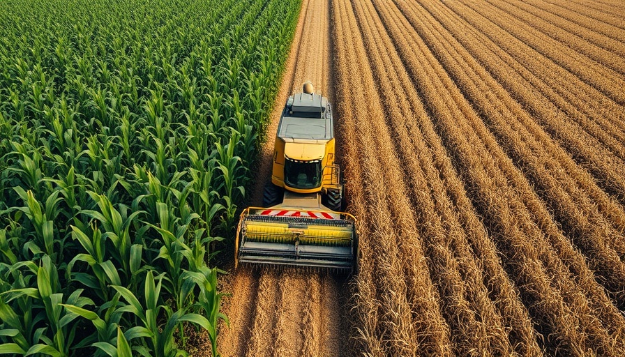 Aerial view of corn harvest, depicting farm machinery in action.