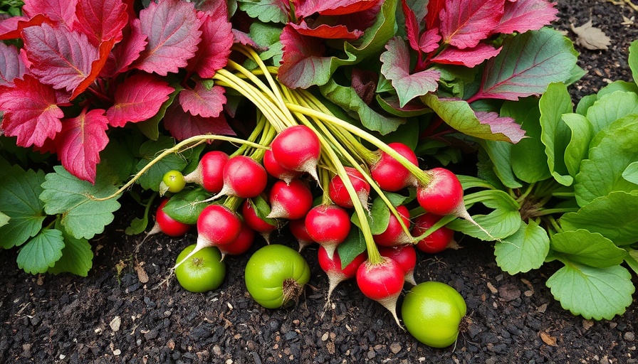 Vergessene Radieschen partly above soil in a garden setting.