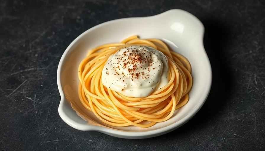 Spaghetti in creamy sauce on an elegant plate, highlighting the 'physik der nudelsoße'.
