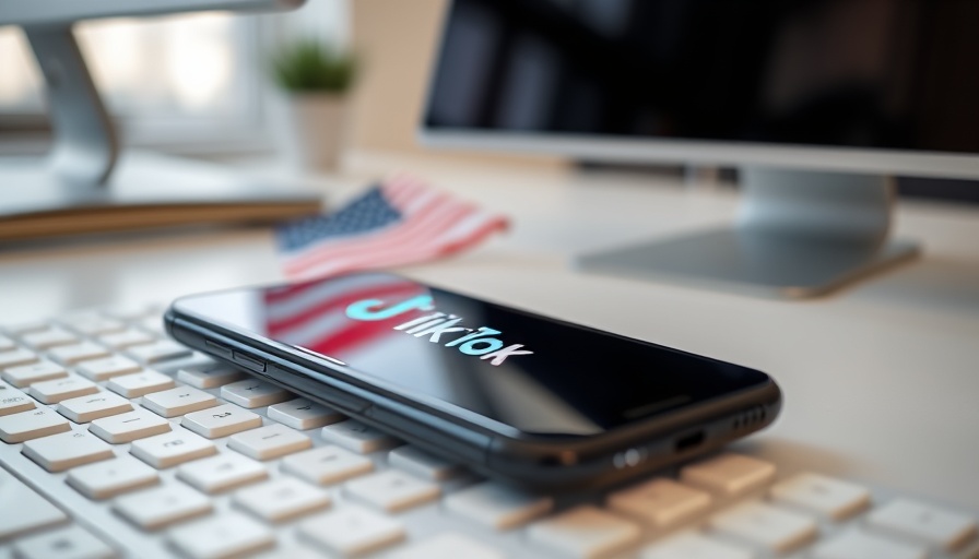 Smartphone with TikTok logo reflecting American flag on keyboard. Tiktok-Vereinbarung und Datenschutz.