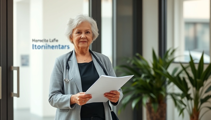 Older woman at office entrance, Patientenakte erhalten, with company sign.