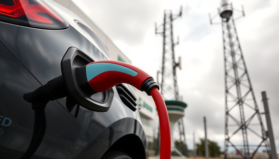 Electric vehicle charging beside mobile tower, cloudy day.