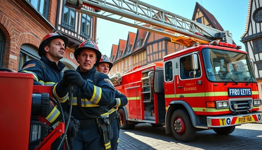 Firefighters at scene in Lübeck street with fire truck and ladder.