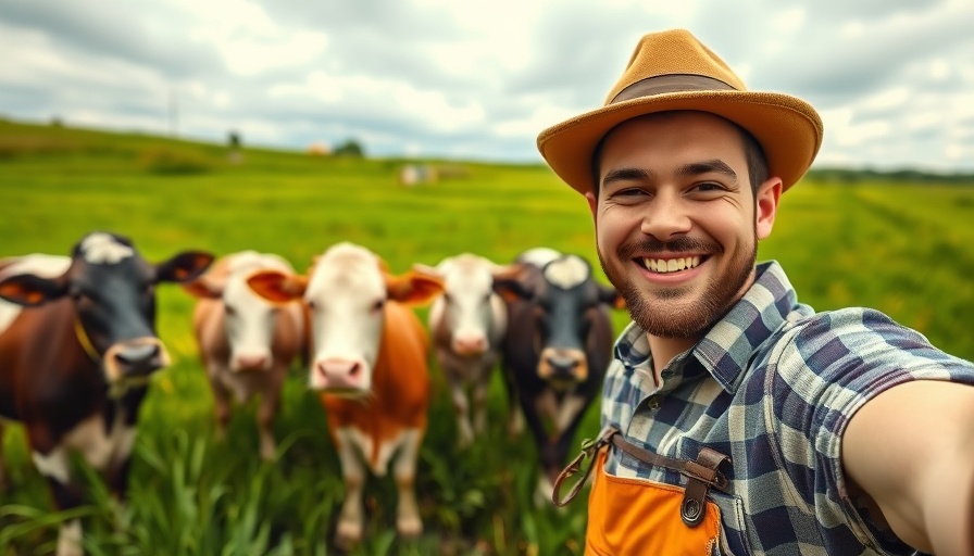 Farmer taking selfie with cows in Schleswig-Holstein.
