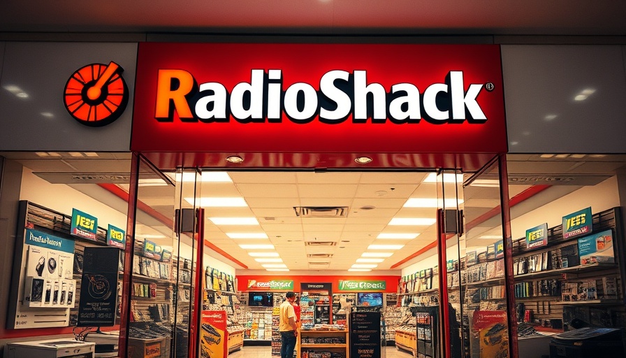 RadioShack store entrance with electronics displays.