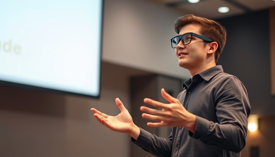 Man presenting Meta Smart Glasses on stage, gesturing energetically.