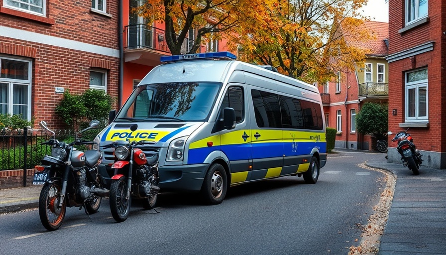 Police van parked beside motorcycles and brick buildings in Bad Oldesloe