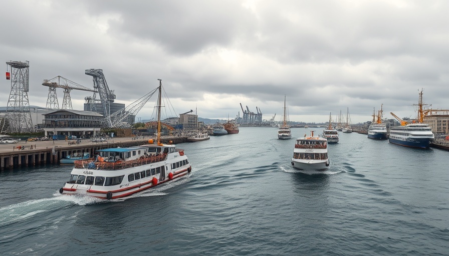 Harbor scene at Hafen von Norddeich with ferries under cloudy skies.