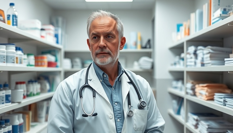 Middle-aged man in a veterinary clinic with medical supplies around.