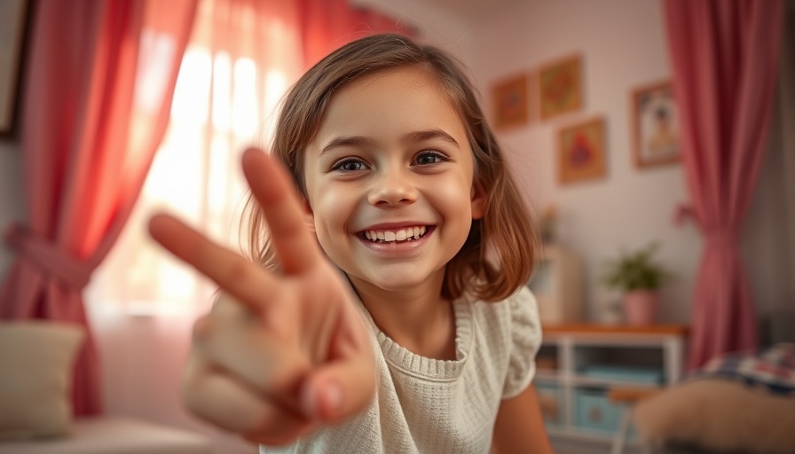 Happy young girl smiling in cozy room with pink curtains.