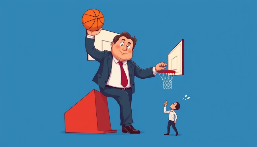 Giant businessman with basketball in cartoon illustration, representing Plattformarbeitsrichtlinie EU.