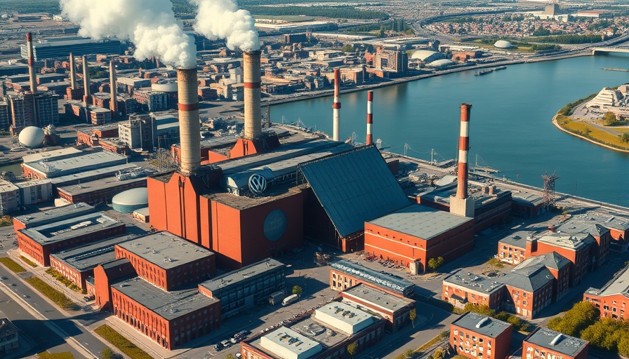 Aerial view of VW factory with smokestacks and logo near river.