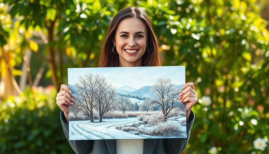 Rettung der Form-Art: Woman displaying winter painting in garden.