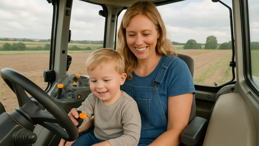 Blond woman and child exploring modern tractor in Stormarn farmland, highlighting sustainable agriculture.
