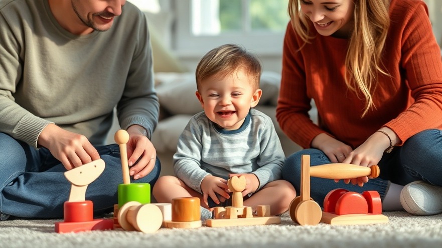 Lächelndes Kind mit bunten Holzspielzeugen in natürlichem Licht, Pflege von Holzspielzeug.