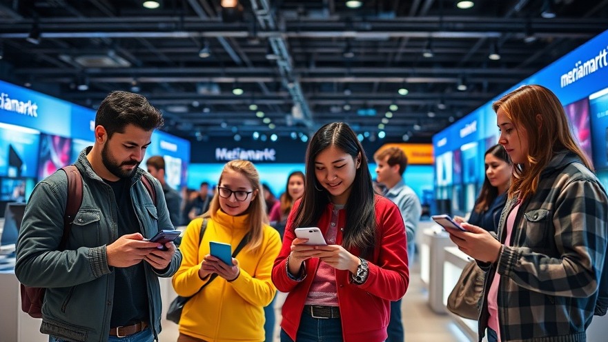 Diverse shoppers engaging with smart devices in an E-Commerce electronics store.