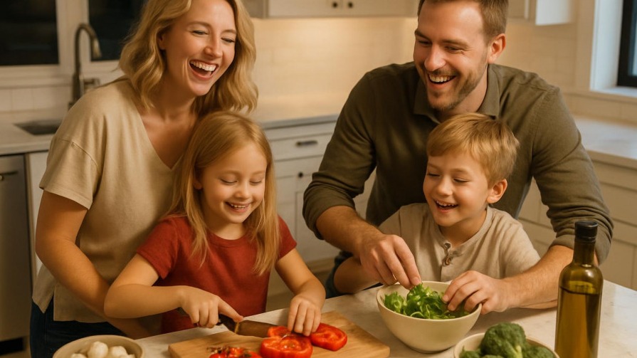 Joyful family cooking together with Familienrezepte in a bright kitchen.