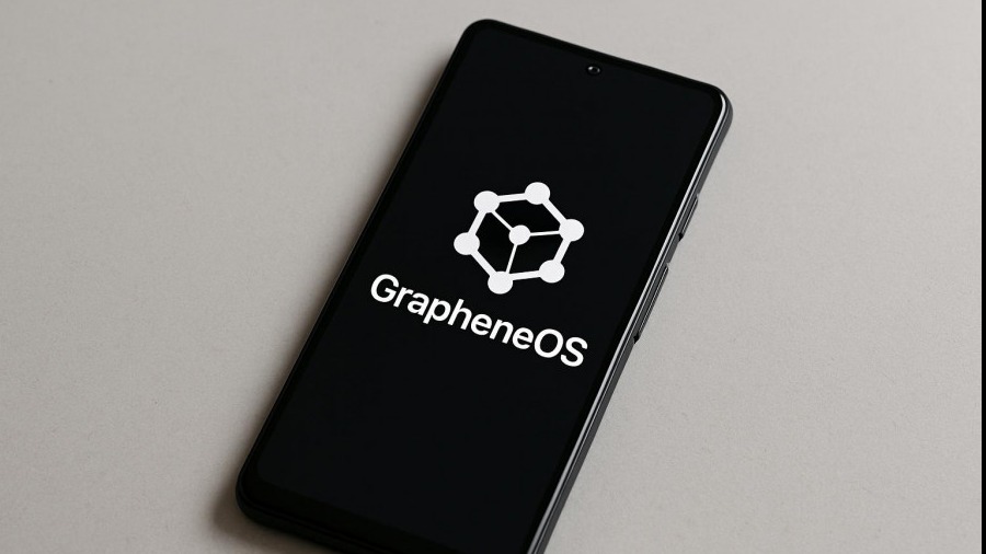 Google Pixel smartphone displaying GrapheneOS logo on a minimalist table.