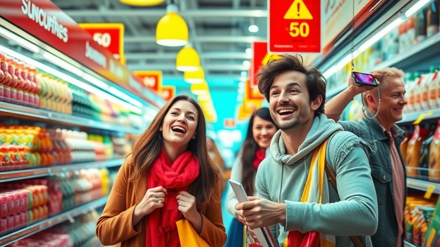Excited shoppers enjoying Aldi Angebote amidst vibrant discounts in a lively atmosphere.